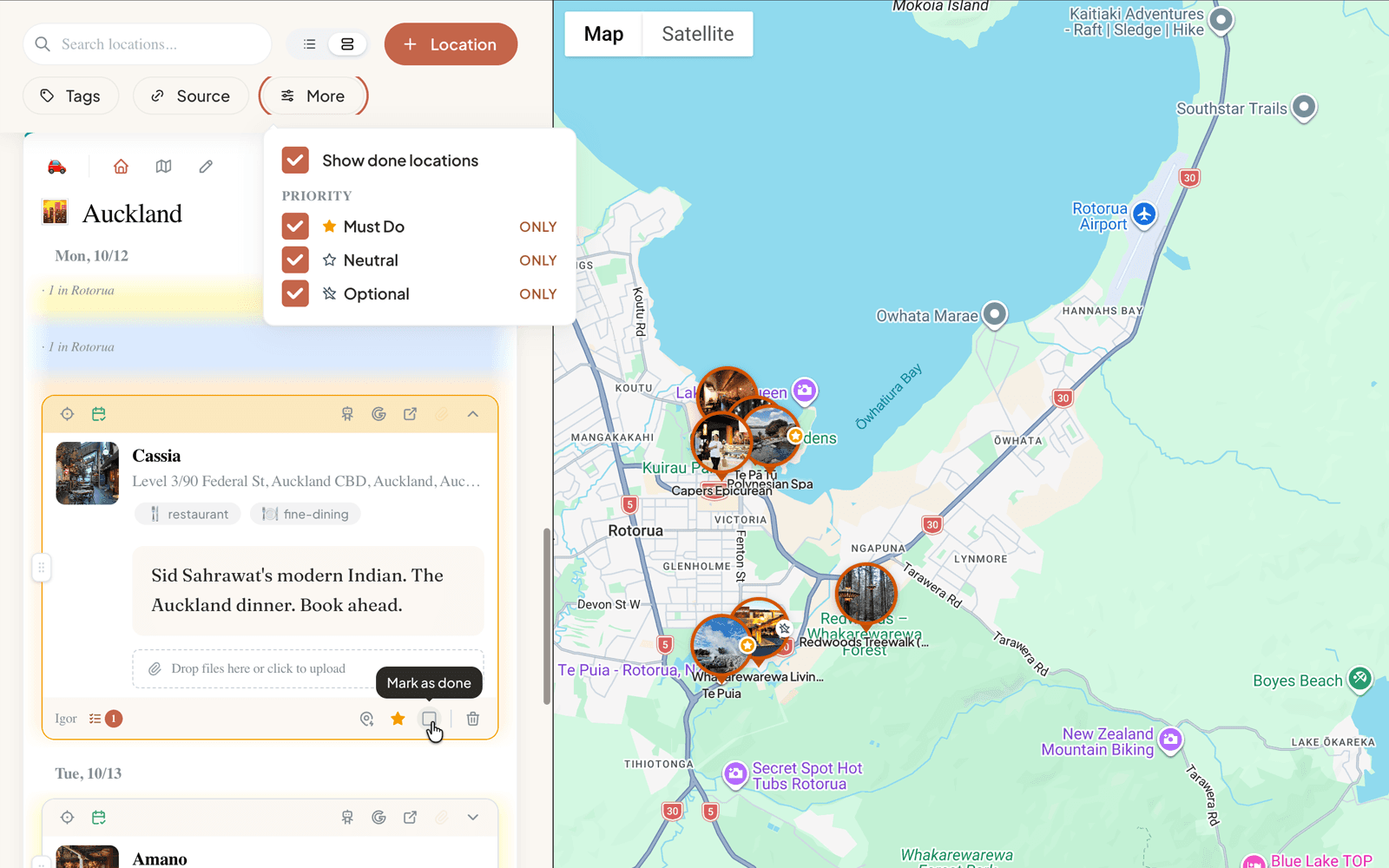 PlanGoGo location cards showing Must Do, Neutral, and Optional priority pills plus a Done checkmark